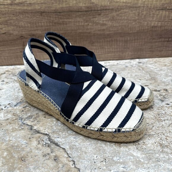 Toni Pons Origens Striped Espadrille Wedge Sandals Navy White Size 39 2.5" Heel - Picture 1 of 10